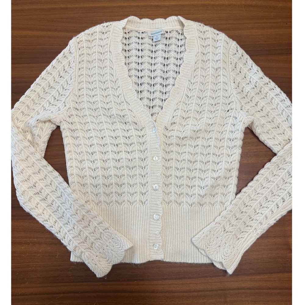 Sundance Crochet Pointelle Cream Cardigan Small Ivory Knit Scalloped Cottagecore